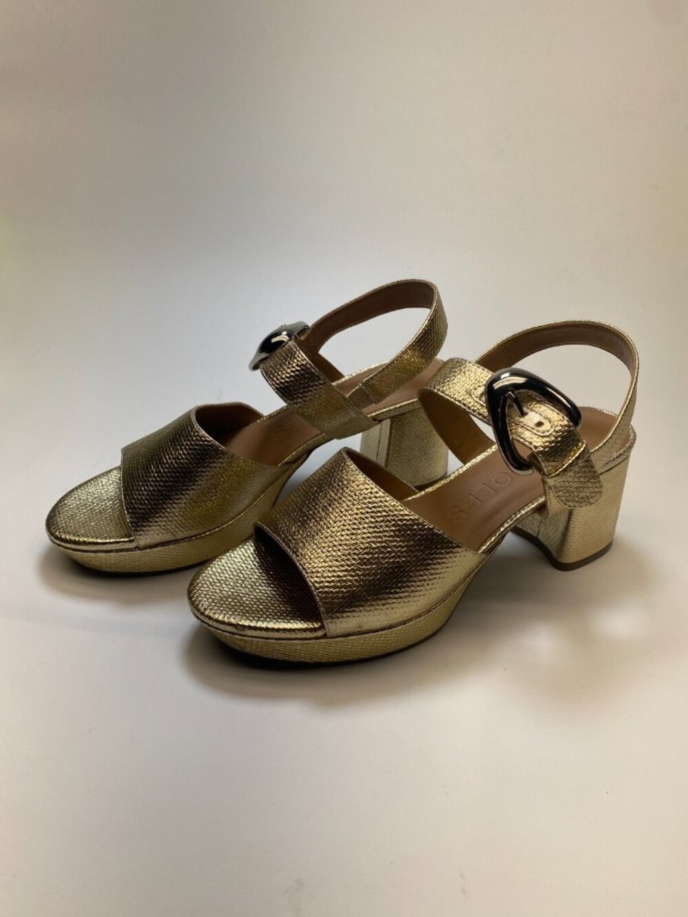 Aerosoles Womens Chamber Soft Gold Silver BuckleHeel Sandal Sz 10.5